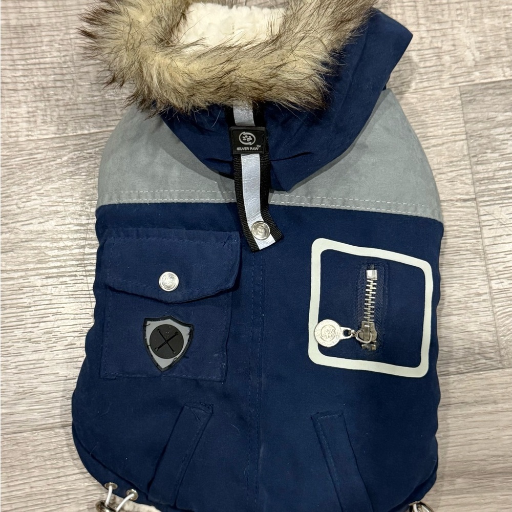 Stylish Blue and Gray Dog Jacket with Faux Fur Trim